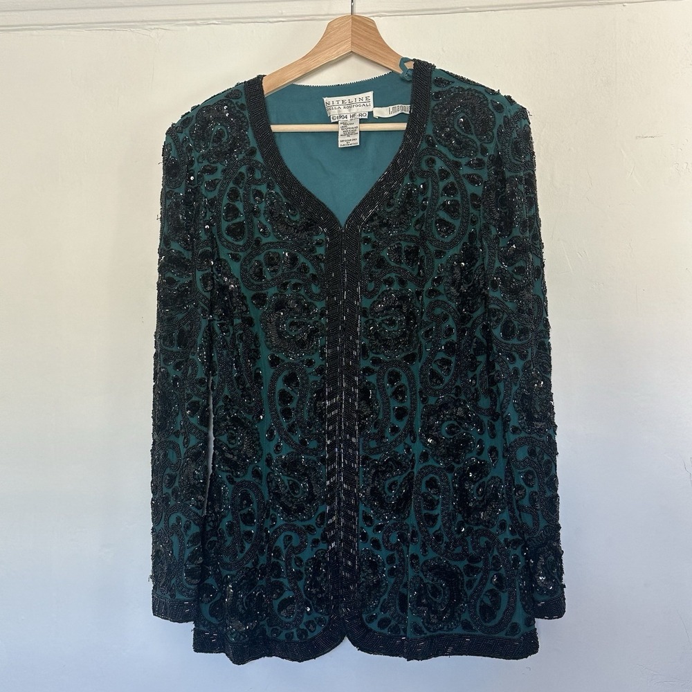 Vtg 1994 Niteline Della‎ Roufogali 100% Silk  Green Beaded Jacket Women's Size M
